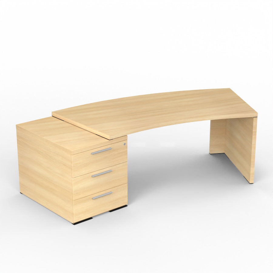 Bureau Kara courbe L. 238 x P. 90 cm mlamine chne clair avec voile de fond mlamine chne clair sur 1 caisson porteur 3 tiroirs - 1 pied panneau mlamine chne clair