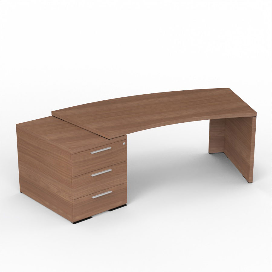 Bureau Kara courbe L. 238 x P. 90 cm mlamine noyer ambr avec voile de fond mlamine noyer ambr sur 1 caisson porteur 3 tiroirs - 1 pied panneau mlamine noyer ambr