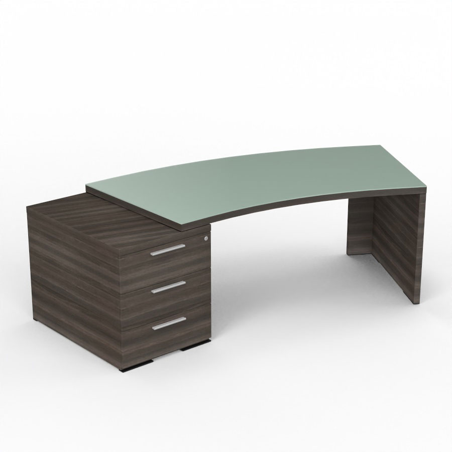 Bureau Kara courbe L. 238 x P. 90 cm dcor mlamine chne royal brun avec voile de fond sur 1 caisson porteur 3 tiroirs avec top verre maill blanc -1 pied panneau mlamine chne royal brun