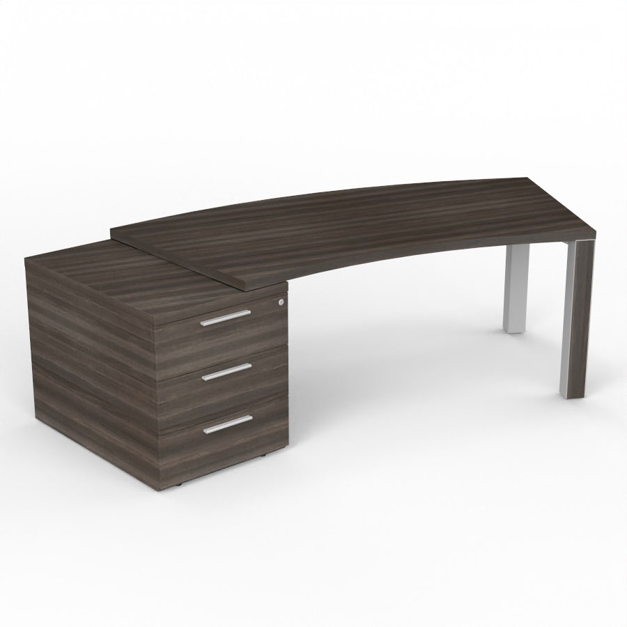 Bureau cintr Kara L. 238 x P. 90 cm mlamine chne royal brun - caisson porteur 3 tiroirs top mlamine - 2 pieds carrs mtal lisse gris aluminium 2 faces bois mlamine chne royal brun