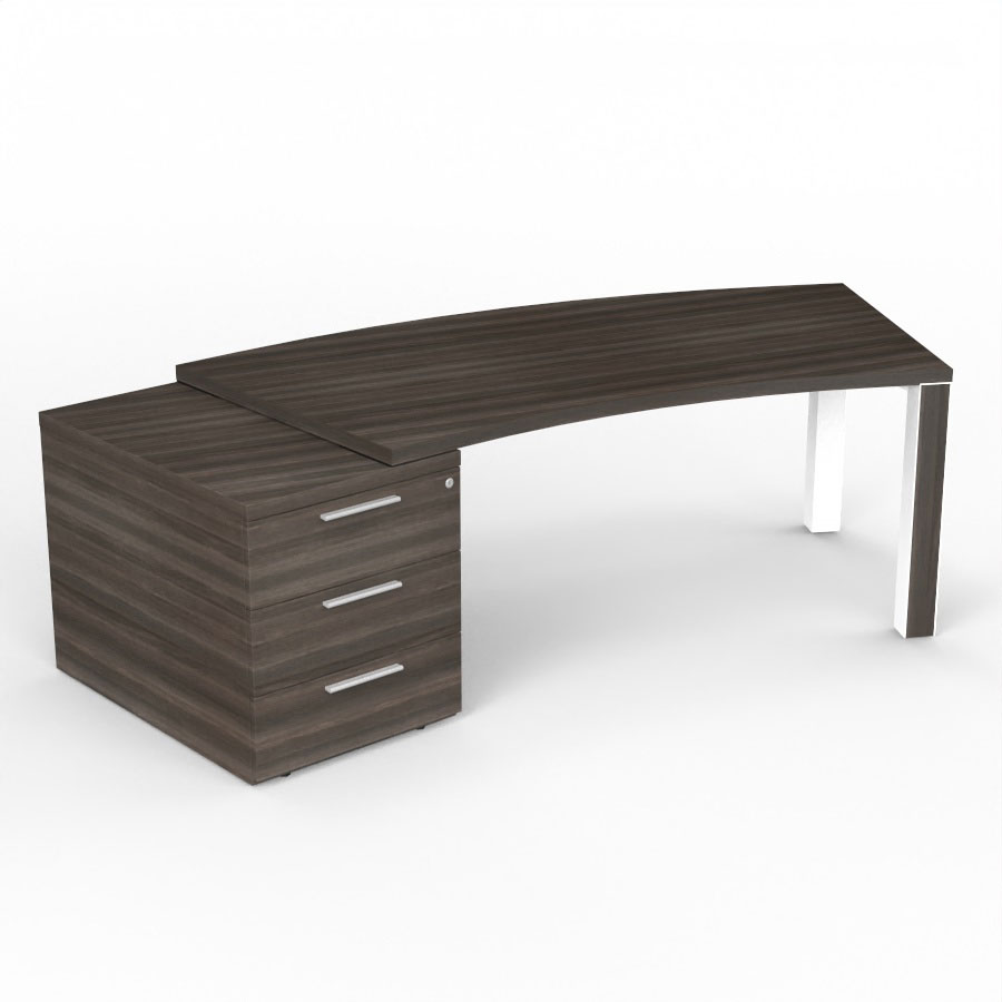 Bureau cintr Kara L. 238 x P. 90 cm mlamine chne royal brun - caisson porteur 3 tiroirs top mlamine - 2 pieds carrs mtal lisse blanc 2 faces bois mlamine chne royal brun