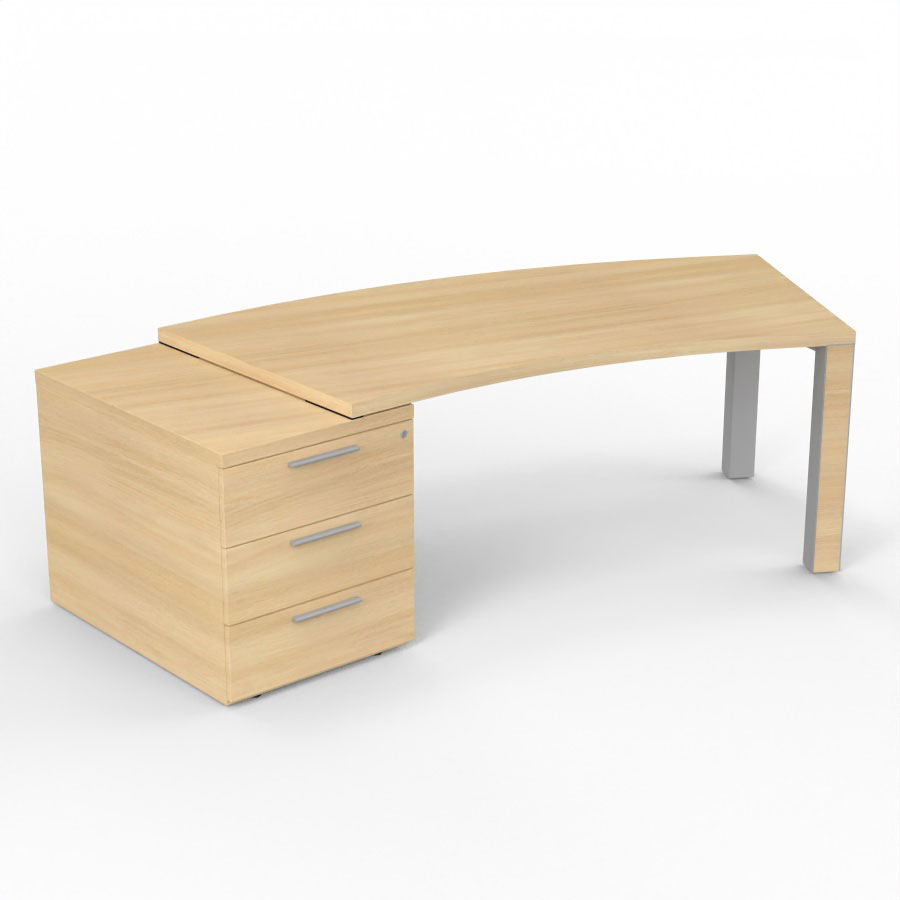 Bureau cintr Kara L. 238 x P. 90 cm mlamine chne clair - caisson porteur 3 tiroirs top mlamine - 2 pieds carrs mtal lisse gris aluminium 2 faces bois mlamine chne clair