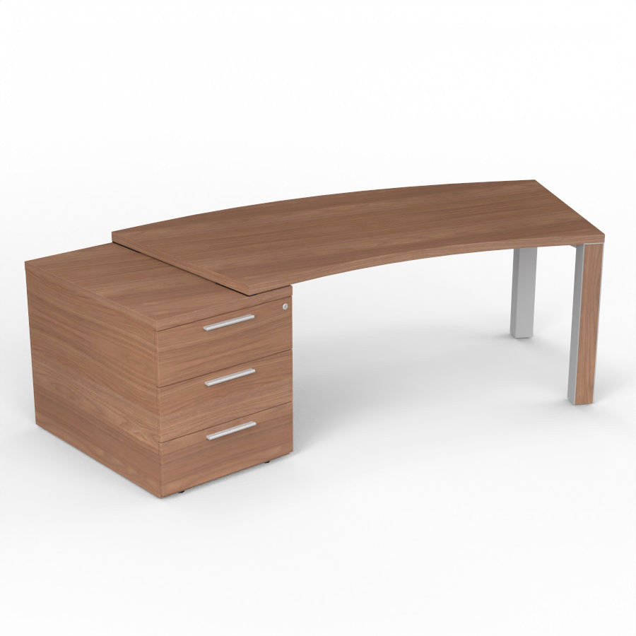 Bureau cintr Kara L. 238 x P. 90 cm mlamine noyer ambr - caisson porteur 3 tiroirs top mlamine - 2 pieds carrs mtal lisse gris aluminium 2 faces bois mlamine noyer ambr