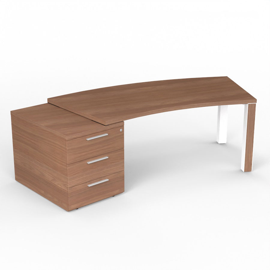 Bureau cintr Kara L. 238 x P. 90 cm mlamine noyer ambr - caisson porteur 3 tiroirs top mlamine - 2 pieds carrs mtal lisse blanc 2 faces bois mlamine noyer ambr