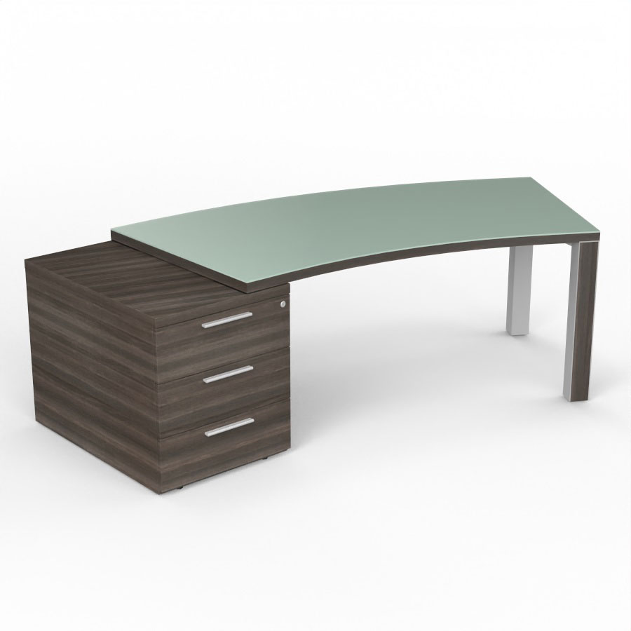 Bureau cintr Kara L. 238 x P. 90 cm mlamine chne royal brun - caisson porteur 3 tiroirs top verre maill blanc - 2 pieds carrs mtal lisse gris aluminium 2 faces bois mlamine chne royal brun