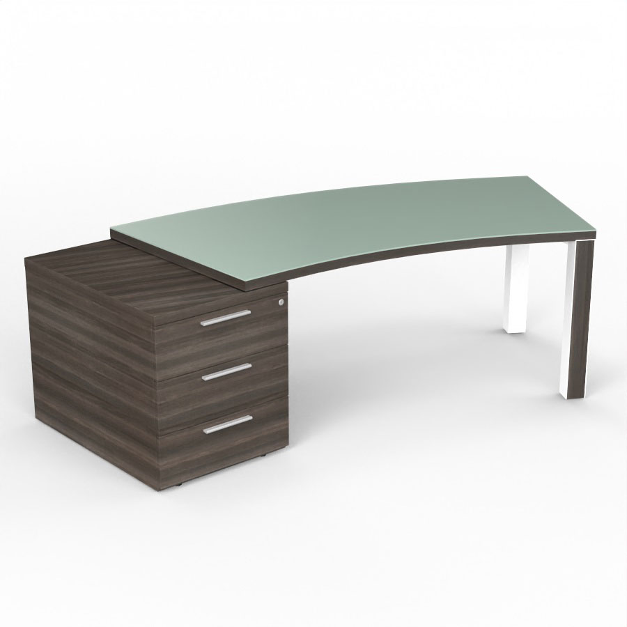 Bureau cintr Kara L. 238 x P. 90 cm mlamine chne royal brun - caisson porteur 3 tiroirs top verre maill blanc - 2 pieds carrs mtal lisse blanc 2 faces bois mlamine chne royal brun