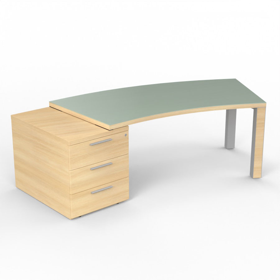 Bureau cintr Kara L. 238 x P. 90 cm mlamine chne clair - caisson porteur 3 tiroirs top verre maill blanc - 2 pieds carrs mtal lisse gris aluminium 2 faces bois mlamine chne clair