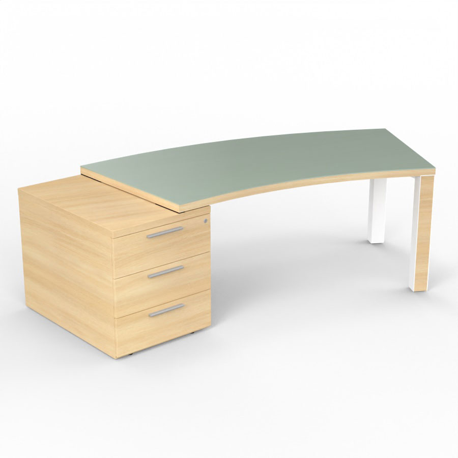 Bureau cintr Kara L. 238 x P. 90 cm mlamine chne clair - caisson porteur 3 tiroirs top verre maill blanc - 2 pieds carrs mtal lisse blanc 2 faces bois mlamine chne clair