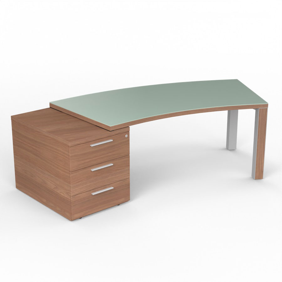 Bureau cintr Kara L. 238 x P. 90 cm mlamine noyer ambr - caisson porteur 3 tiroirs top verre maill blanc - 2 pieds carrs mtal lisse gris aluminium 2 faces bois mlamine noyer ambr