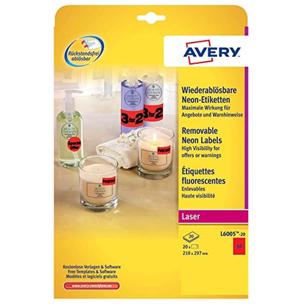 tiquettes d'identification enlevables Avery couleur L6005 - 210 x 297 mm - 20 feuilles - 1 tiquette A4 par feuilles - rouge fluorescent - paquet 20 feuilles