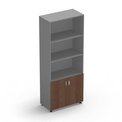 Armoire Rio 1/3 portes - 2/3 bibliothque H.197,3 x L. 80 x P. 42,6 cm corps gris aluminium 2 portes battantes noyer ambr - quipe de 4 tablettes