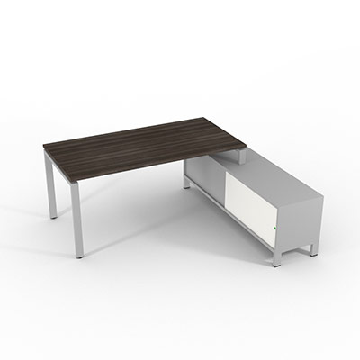 Bureau de direction sur retour porteur gamme RIO - 180 x 165 cm - plateau m�lamin� ch�ne royal - pi�tement gris aluminium - portes blanches