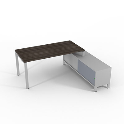 Bureau de direction sur retour porteur gamme RIO - 180 x 165 cm - plateau m�lamin� ch�ne royal - pi�tement gris aluminium - portes gris fum�