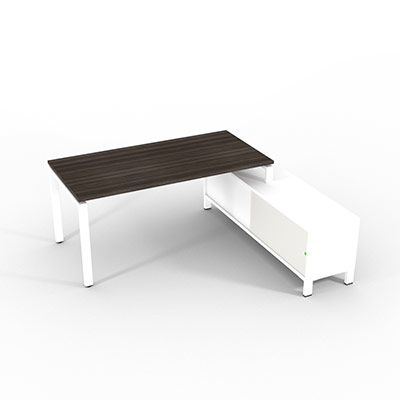 Bureau de direction sur retour porteur gamme RIO - 180 x 165 cm - plateau m�lamin� ch�ne royal - pi�tement blanc - portes blanches