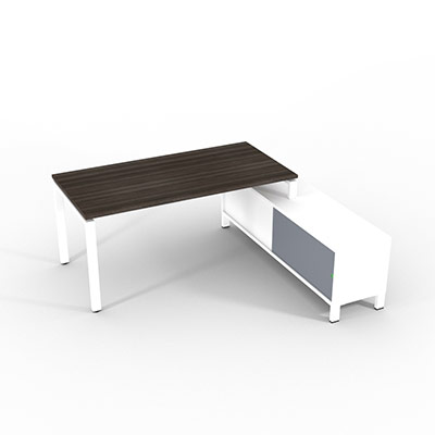 Bureau de direction sur retour porteur gamme RIO - 180 x 165 cm - plateau m�lamin� ch�ne royal - pi�tement blanc - portes gris fum�