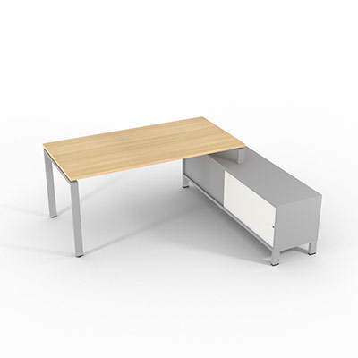 Bureau de direction sur retour porteur gamme RIO - 180 x 165 cm - plateau m�lamin� ch�ne clair - pi�tement gris aluminium - portes blanches
