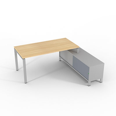 Bureau de direction sur retour porteur gamme RIO - 180 x 165 cm - plateau m�lamin� ch�ne clair - pi�tement gris aluminium - portes gris fum�