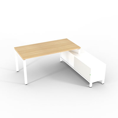 Bureau de direction sur retour porteur gamme RIO - 180 x 165 cm - plateau m�lamin� ch�ne clair - pi�tement blanc - portes blanches