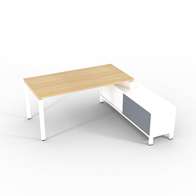 Bureau de direction sur retour porteur gamme RIO - 180 x 165 cm - plateau m�lamin� ch�ne clair - pi�tement blanc - portes gris fum�