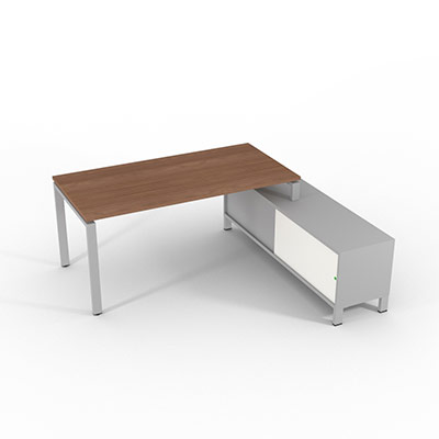 Bureau de direction sur retour porteur gamme RIO - 180 x 165 cm - plateau m�lamin� noyer ambr� - pi�tement gris aluminium - portes blanches