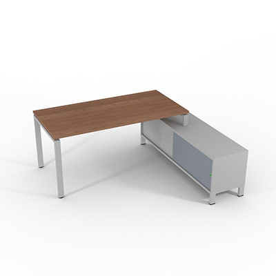 Bureau de direction sur retour porteur gamme RIO - 180 x 165 cm - plateau m�lamin� noyer ambr� - pi�tement gris aluminium - portes gris fum�