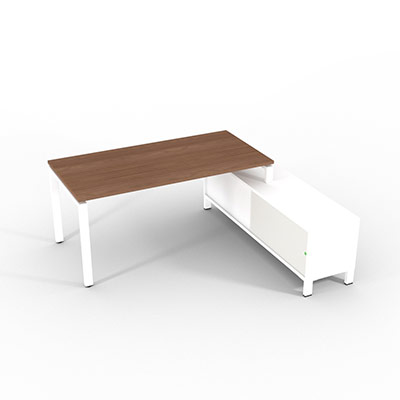 Bureau de direction sur retour porteur gamme RIO - 180 x 165 cm - plateau m�lamin� noyer ambr� - pi�tement blanc - portes blanches