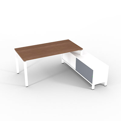 Bureau de direction sur retour porteur gamme RIO - 180 x 165 cm - plateau m�lamin� noyer ambr� - pi�tement blanc - portes gris fum�