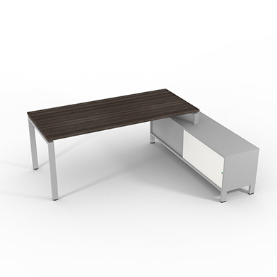 Bureau de direction sur retour porteur gamme RIO - 200 x 165 cm - plateau m�lamin� ch�ne royal - pi�tement gris aluminium - portes blanches