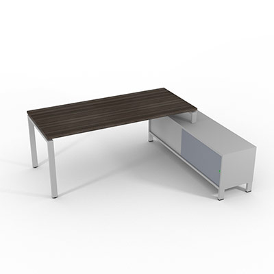 Bureau de direction sur retour porteur gamme RIO - 200 x 165 cm - plateau m�lamin� ch�ne royal - pi�tement gris aluminium - portes gris fum�