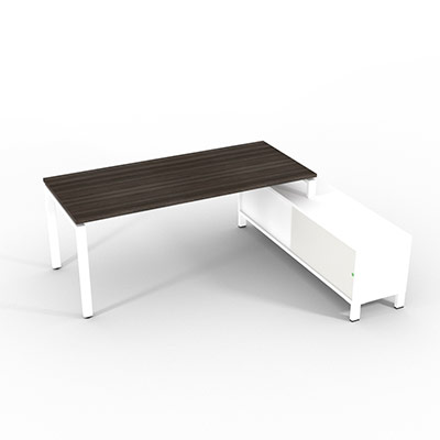 Bureau de direction sur retour porteur gamme RIO - 200 x 165 cm - plateau m�lamin� ch�ne royal - pi�tement blanc - portes blanches