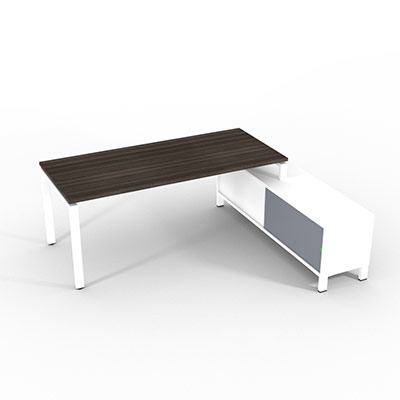 Bureau de direction sur retour porteur gamme RIO - 200 x 165 cm - plateau m�lamin� ch�ne royal - pi�tement blanc - portes gris fum�