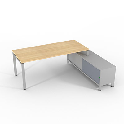 Bureau de direction sur retour porteur gamme RIO - 200 x 165 cm - plateau m�lamin� ch�ne clair - pi�tement gris aluminium - portes gris fum�