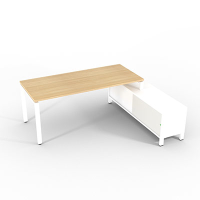 Bureau de direction sur retour porteur gamme RIO - 200 x 165 cm - plateau m�lamin� ch�ne clair - pi�tement blanc - portes blanches
