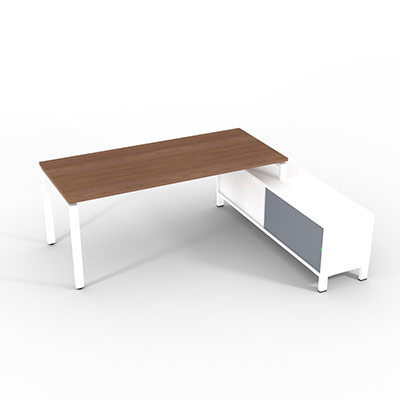 Bureau de direction sur retour porteur gamme RIO - 200 x 165 cm - plateau m�lamin� noyer ambr� - pi�tement blanc - portes gris fum�