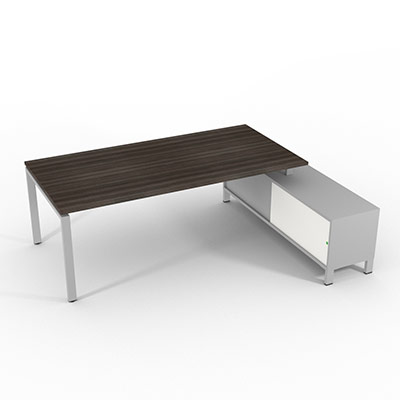 Bureau de direction sur retour porteur gamme RIO - 220 x 165 cm - plateau m�lamin� ch�ne royal - pi�tement gris aluminium - portes blanches
