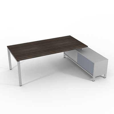 Bureau de direction sur retour porteur gamme RIO - 220 x 165 cm - plateau m�lamin� ch�ne royal - pi�tement gris aluminium - portes gris fum�
