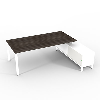 Bureau de direction sur retour porteur gamme RIO - 220 x 165 cm - plateau m�lamin� ch�ne royal - pi�tement blanc - portes blanches