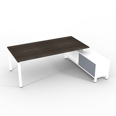 Bureau de direction sur retour porteur gamme RIO - 220 x 165 cm - plateau m�lamin� ch�ne royal - pi�tement blanc - portes gris fum�