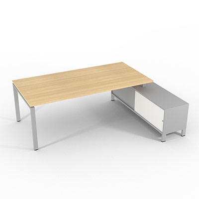 Bureau de direction sur retour porteur gamme RIO - 220 x 165 cm - plateau m�lamin� ch�ne clair - pi�tement gris aluminium - portes blanches