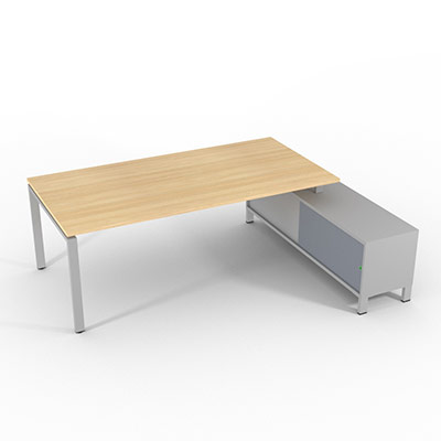 Bureau de direction sur retour porteur gamme RIO - 220 x 165 cm - plateau m�lamin� ch�ne clair - pi�tement gris aluminium - portes gris fum�