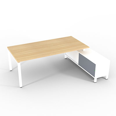 Bureau de direction sur retour porteur gamme RIO - 220 x 165 cm - plateau m�lamin� ch�ne clair - pi�tement blanc - portes gris fum�