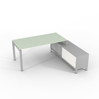 Bureau de direction sur retour porteur gamme RIO - 180 x 165 cm - plateau verre blanc - pi�tement gris aluminium - portes blanches