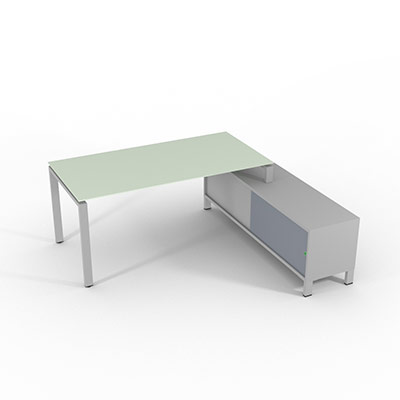 Bureau de direction sur retour porteur gamme RIO - 180 x 165 cm - plateau verre blanc - pi�tement gris aluminium - portes gris fum�