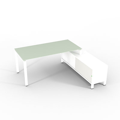 Bureau de direction sur retour porteur gamme RIO - 180 x 165 cm - plateau verre blanc - pi�tement blanc - portes blanches