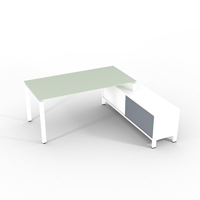 Bureau de direction sur retour porteur gamme RIO - 180 x 165 cm - plateau verre blanc - pi�tement blanc - portes gris fum�