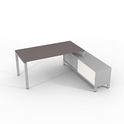 Bureau de direction sur retour porteur gamme RIO - 180 x 165 cm - plateau verre gris souris - pi�tement gris aluminium - portes blanches
