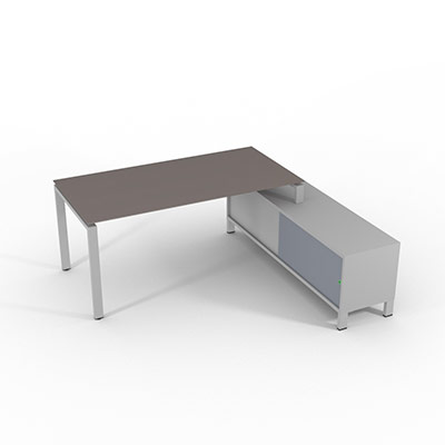 Bureau de direction sur retour porteur gamme RIO - 180 x 165 cm - plateau verre gris souris - pi�tement gris aluminium - portes gris fum�