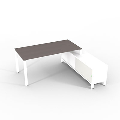 Bureau de direction sur retour porteur gamme RIO - 180 x 165 cm - plateau verre gris souris - pi�tement blanc - portes blanches