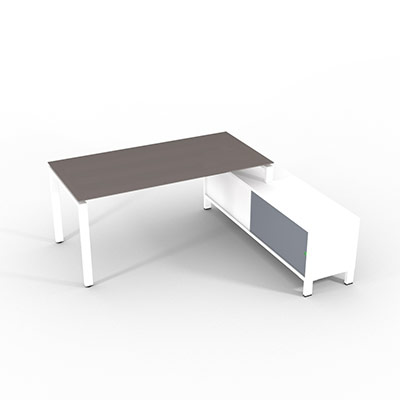 Bureau de direction sur retour porteur gamme RIO - 180 x 165 cm - plateau verre gris souris - pi�tement blanc - portes gris fum�