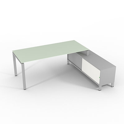 Bureau de direction sur retour porteur gamme RIO - 200 x 165 cm - plateau verre blanc - pi�tement gris aluminium - portes blanches